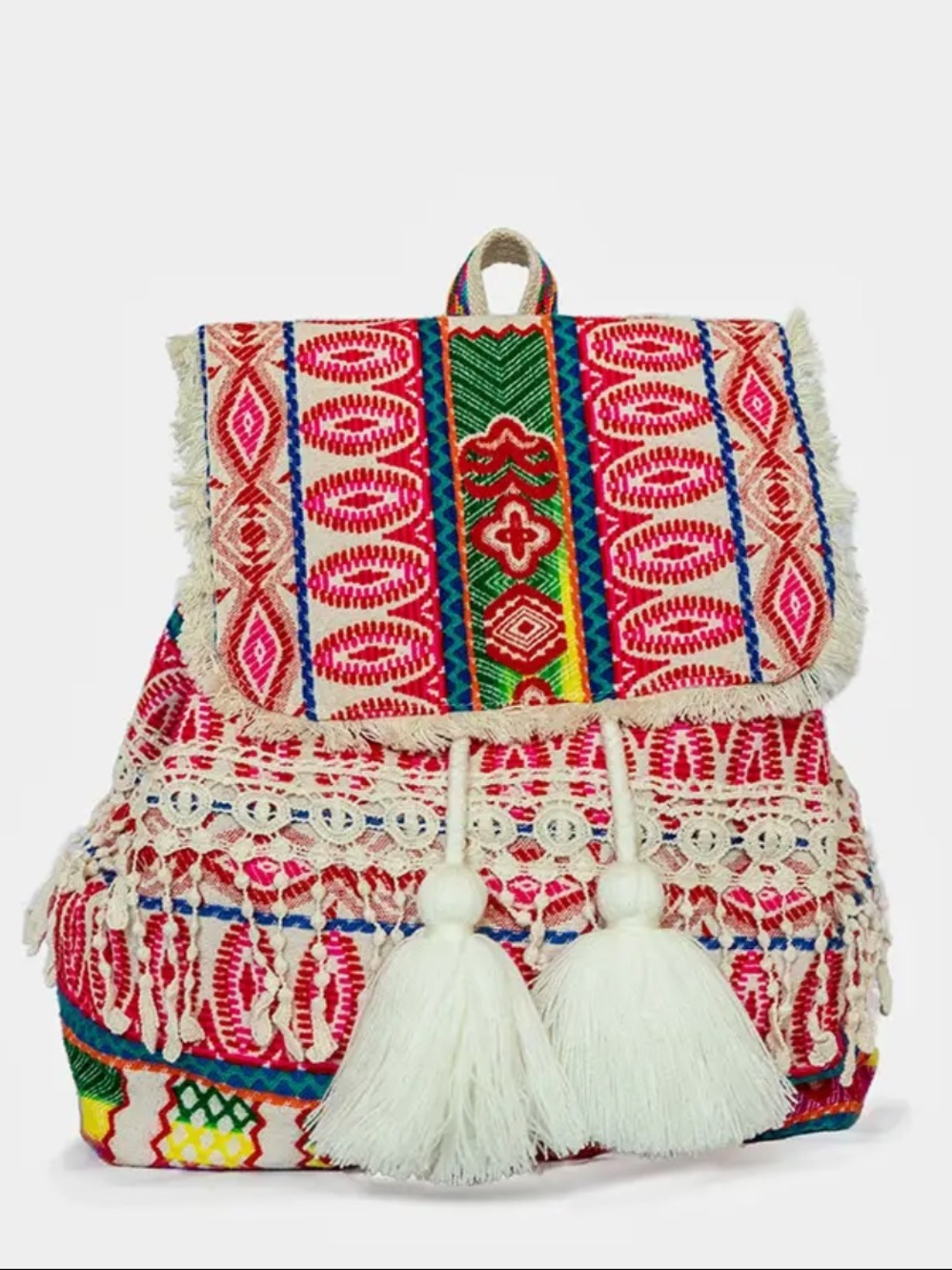 ShopEvelynne Pink Multi Embroidered Boho Drawstring Backpack
